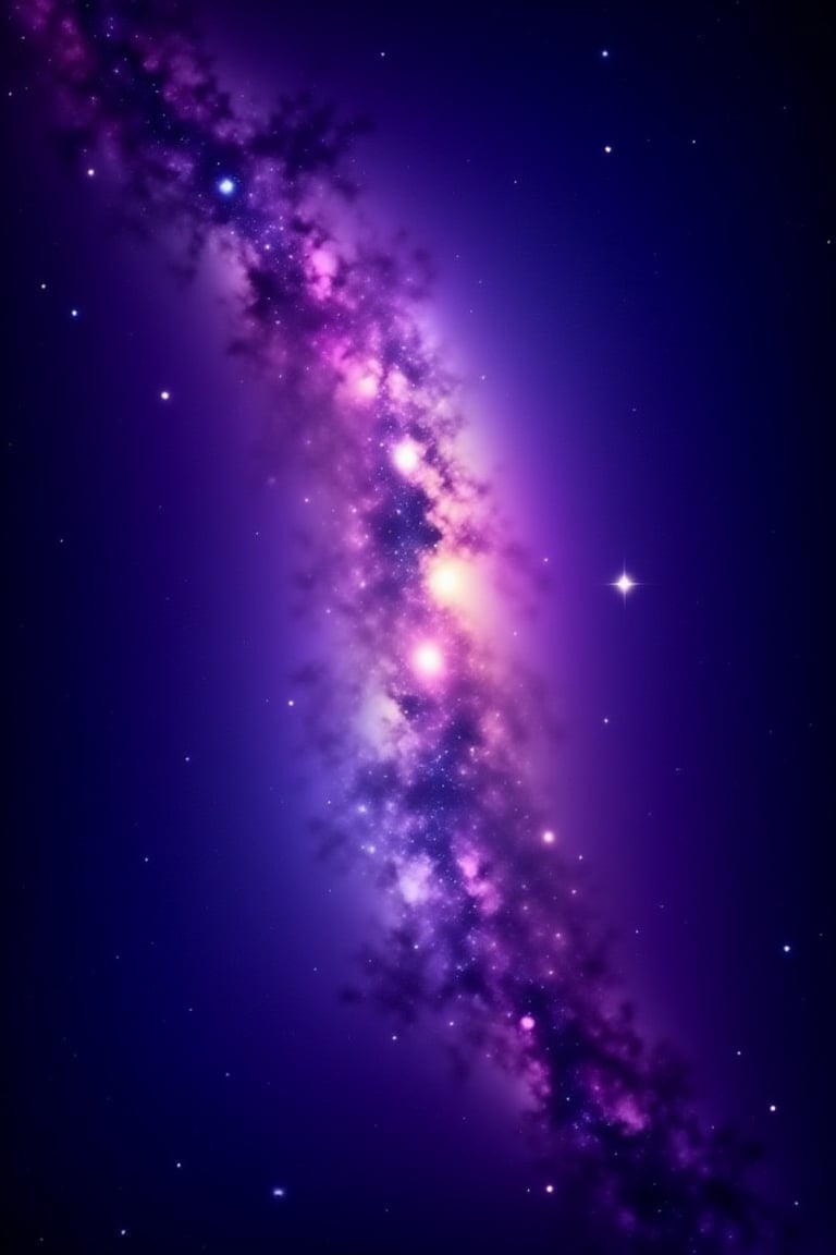 mlkwglx, Milky Way galaxy,  This image is a highly detailed, digitally rendered photograph of a cosmic phenomenon, likely a galaxy or nebula. The composition is dominated by a dense, luminous band of cosmic dust and gas that stretches diagonally from the top left to the bottom right of the image. This band is a vibrant mix of purples, pinks, and blues, with varying shades of brightness and intensity, creating a gradient effect that transitions from deep purples at the top to lighter blues and pinks towards the bottom. Scattered throughout the image are numerous stars, some large and bright, others small and faint. The stars are depicted as tiny, glowing points of light, adding to the sense of depth and vastness. The background is a rich, dark blue, which fades into a deeper black towards the edges, providing a stark contrast to the bright, colorful band of cosmic matter in the center. The texture of the cosmic dust appears smooth and fluid, with occasional wisps and tendrils that give the impression of movement and turbulence. The overall style of the image is highly realistic, capturing the beauty and complexity of space with meticulous detail and vivid color.