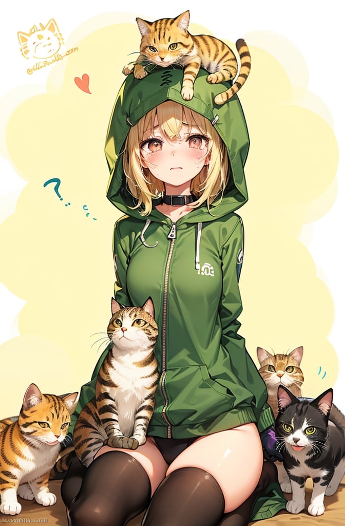 1girl, solo, blush, blonde hair, thighhighs, gloves, sitting, tears, hood, hoodie, animal, watermark, wariza, cat, web address, personification, on head, animal on head, too many, cat on head

,score_9