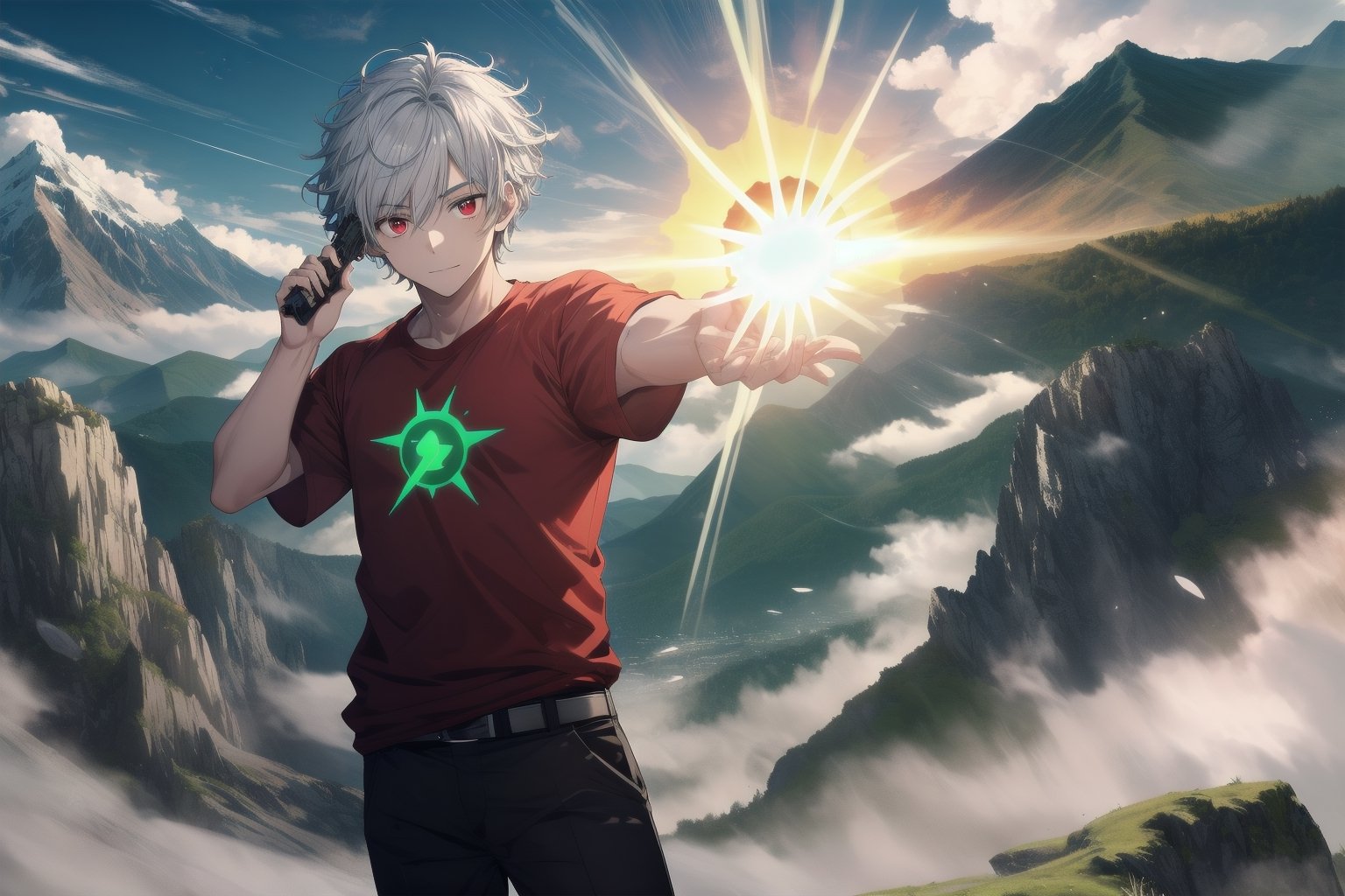 1 young man, silver short hair, red eyes, white t -shirt, black pants, making a pistol with his hand, executing a ray of green graduate energy on a mountain, ray of energy, mountain, sun.