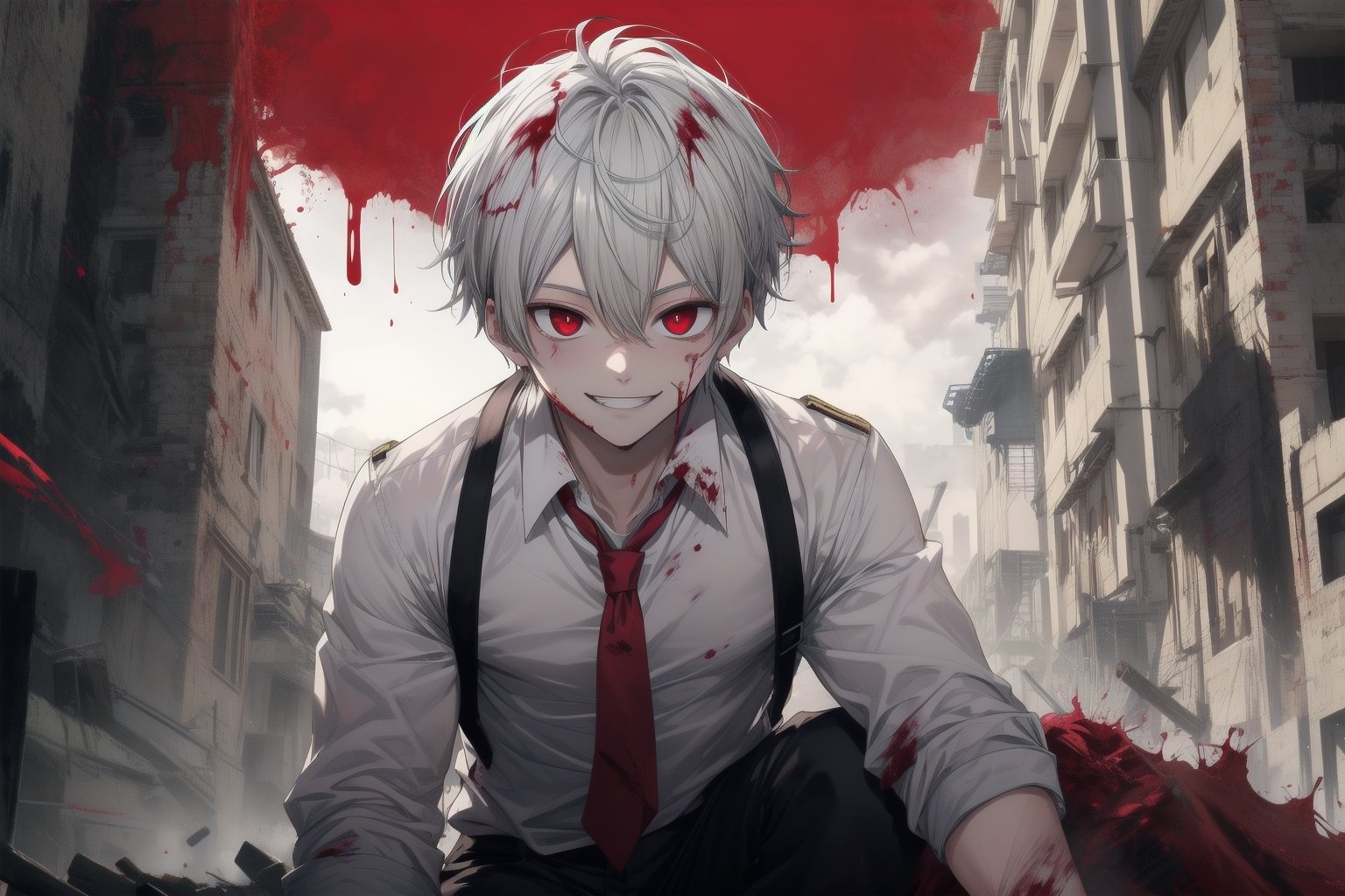 1 young man, silver short hair, red eyes, white shirt, black pants, bleeding while he has a psychopath smile, building, smile, bleeding, bright eye