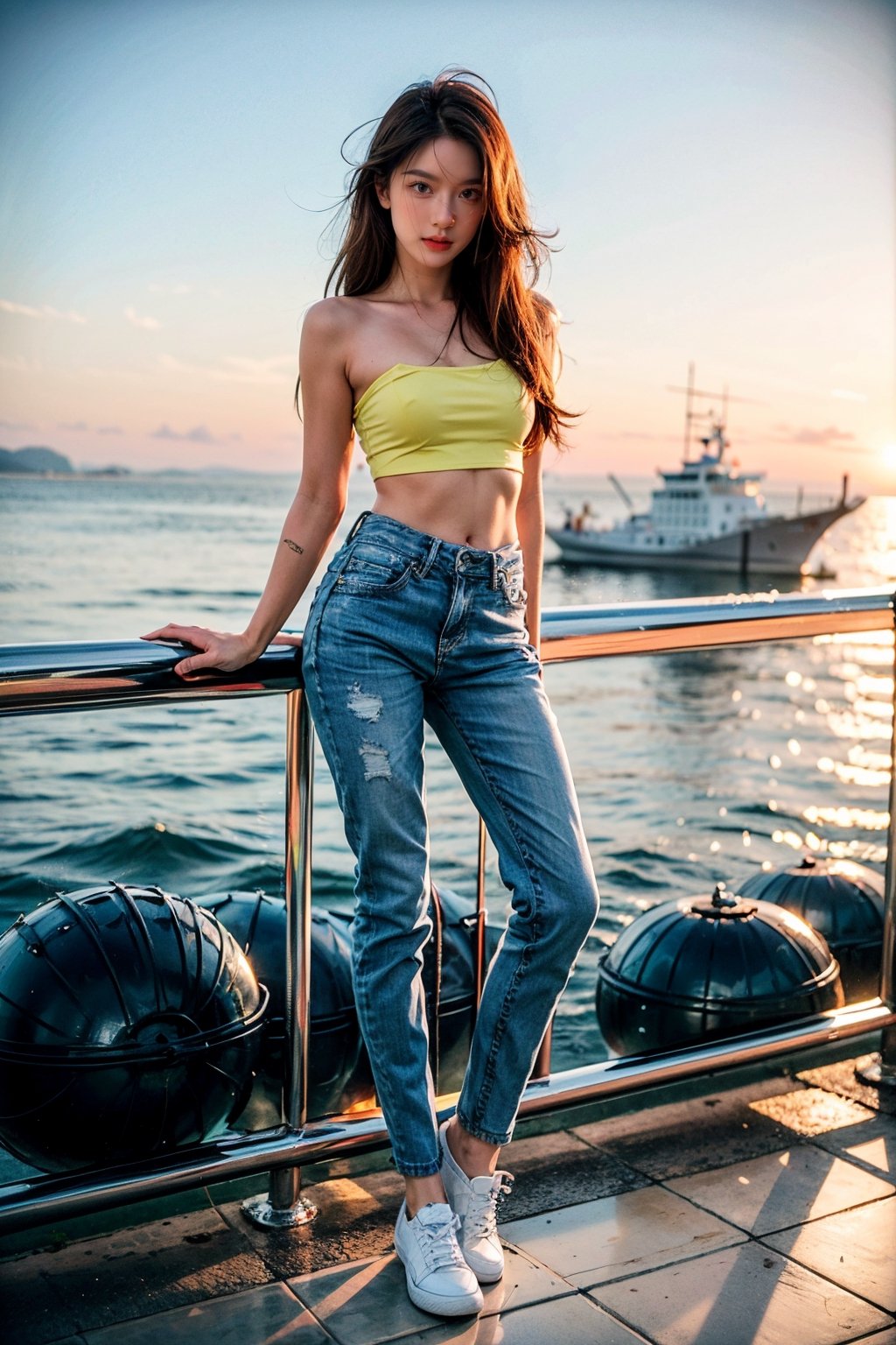 generally attractive instagram model, make it look realistic,
1girl, long hair, brown hair, standing, full body, outdoors, sky, shoes, day, ocean,railing, white shoes, holding phone, full body,
Light Yellow tube Top,Skinny Push-Up Jeans,168 cm tall,long leg,thin leg,

