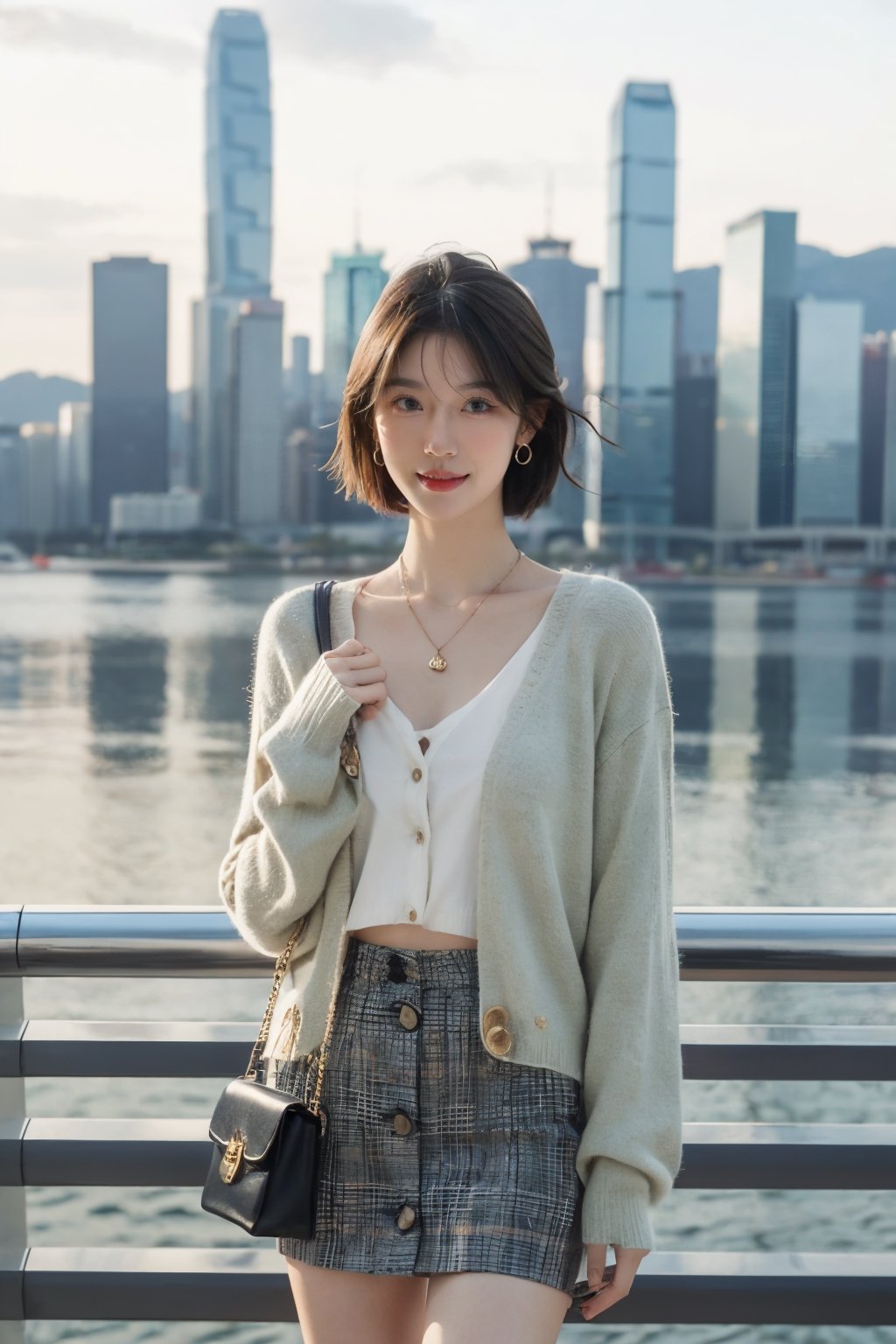 A woman stands in front of water, with a city skyline in the background, at moring. 
The entire scene shows a peaceful urban waterfront area.
The woman wore a light mint green long-sleeved cropped cardigan with button detailing on the front.
She also wore a dark brown and dark green miniskirt with a plaid pattern. The man is holding a small, light-colored handbag with a chain in his left hand. 160cm tall,hongkong,
1girl, short hair, black hair, earrings, standing,necklace,
photo realistic, generally attractive instagram model,
make it look realistic,photorealistic,dream_girl