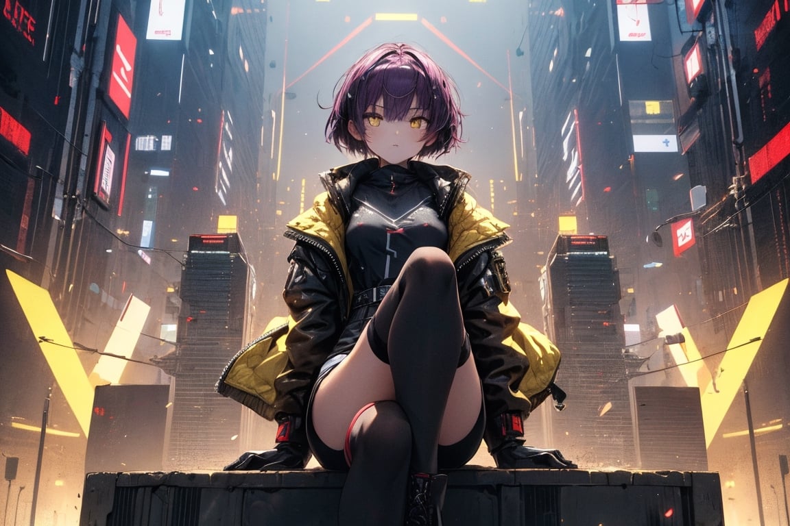 (masterpiece, best quality, highres:1.3), ultra resolution image, (1girl), (solo), kawaii, MECHA, Highly Detailed, High Quality, Masterpiece, Beatiful, (full shot), Rebeca from Cyberpunk, T pose, (eyes open, dark purple hair, short hair, robotic hands, black tight blouse, Yellow jacket from cyberpunk, black tight shorts, high stockings, black military boots, yellow eyes, detailed background, White background

