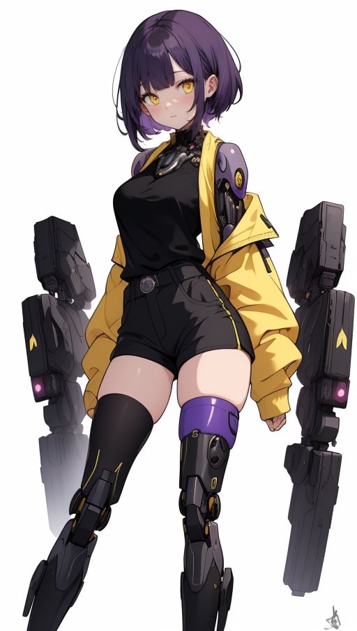 (masterpiece, best quality, highres:1.3), ultra resolution image, (1girl), (solo), kawaii, MECHA, Highly Detailed, High Quality, Masterpiece, Beatiful, (full shot), Rebeca from Cyberpunk, T pose, (eyes open, dark purple hair, short hair, robotic hands, black tight blouse, Yellow jacket from cyberpunk, black tight shorts, high stockings, black military boots, yellow eyes, detailed background, White background