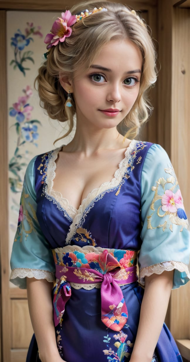 (Beautiful German girl),beautiful blonde hair,beautiful blue iris, wearing a Baroque-style dirndl with vibrant colors, infused with Japanese elements. The dress combines intricate lace and embroidery with colorful kimono-inspired patterns. A wide obi belt cinches her waist, while puffed sleeves and delicate accessories complete the look, showcasing a striking fusion of cultures.,ct-drago,better photography,FilmGirl