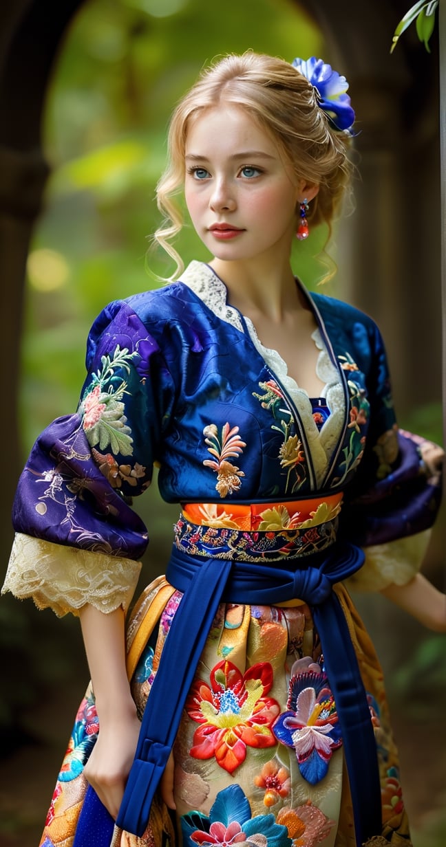 (Beautiful German girl),beautiful blonde hair,beautiful blue iris, wearing a Baroque-style dirndl with vibrant colors, infused with Japanese elements. The dress combines intricate lace and embroidery with colorful kimono-inspired patterns. A wide obi belt cinches her waist, while puffed sleeves and delicate accessories complete the look, showcasing a striking fusion of cultures.,ct-drago,better photography