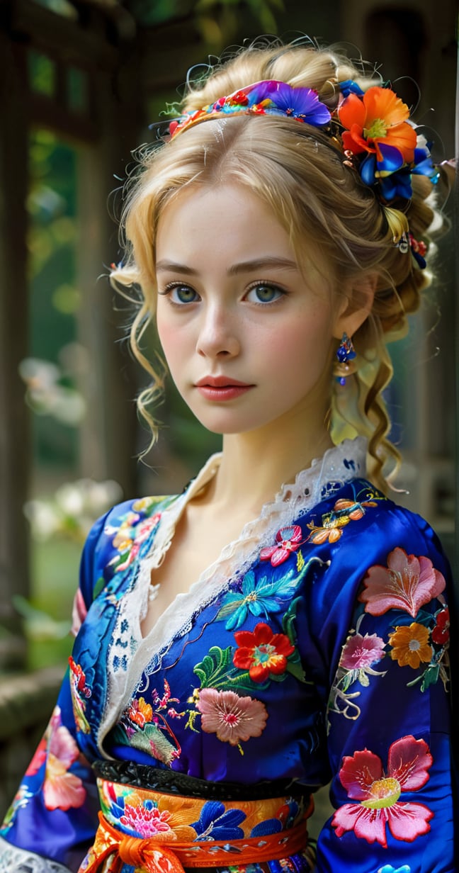 (Beautiful German girl),beautiful blonde hair,beautiful blue iris, wearing a Baroque-style dirndl with vibrant colors, infused with Japanese elements. The dress combines intricate lace and embroidery with colorful kimono-inspired patterns. A wide obi belt cinches her waist, while puffed sleeves and delicate accessories complete the look, showcasing a striking fusion of cultures.,ct-drago,better photography,FilmGirl