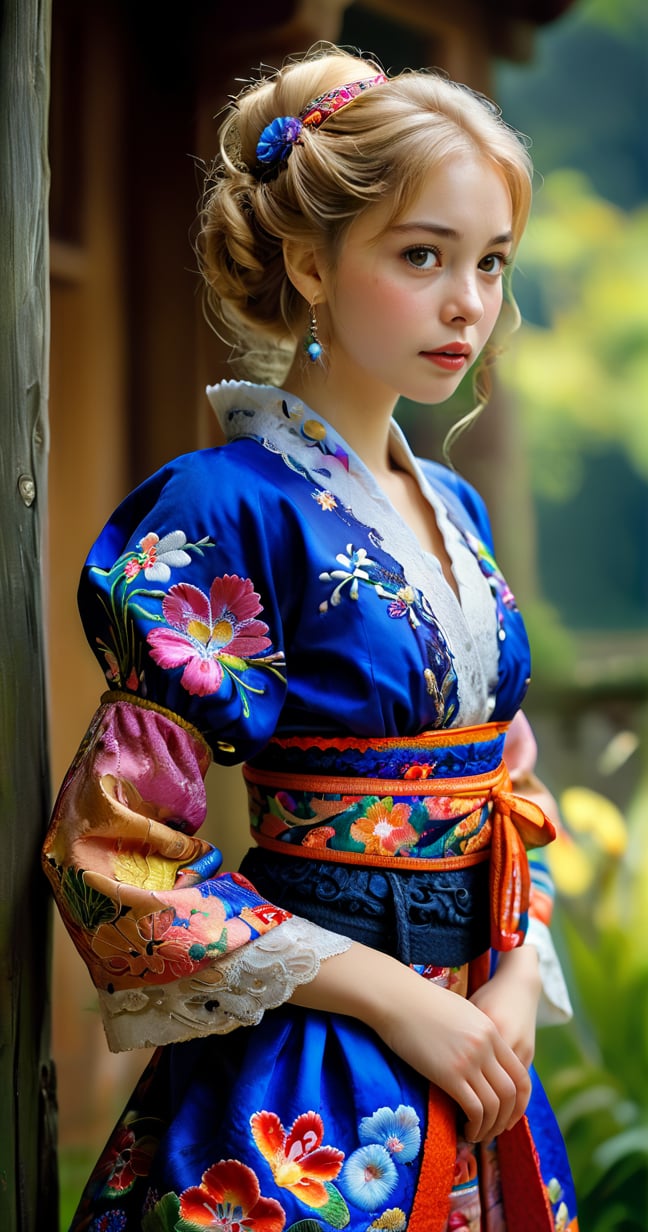 (Beautiful German girl),beautiful blonde hair,beautiful blue iris, wearing a Baroque-style dirndl with vibrant colors, infused with Japanese elements. The dress combines intricate lace and embroidery with colorful kimono-inspired patterns. A wide obi belt cinches her waist, while puffed sleeves and delicate accessories complete the look, showcasing a striking fusion of cultures.,ct-drago,better photography