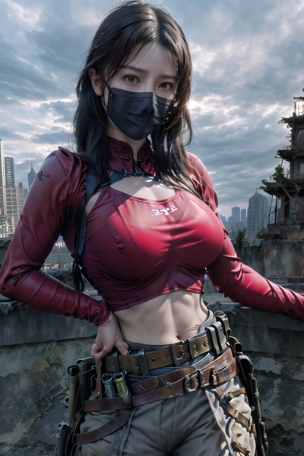 Here is the prompt:

A solo female figure, with a focus on her large breast, huge breasts:1.4, gazes directly at the viewer in a close-up shot. Behind her, a ruined cityscape serves as the background. She wears a red skin-tight bodysuit adorned with a utility belt featuring a sheathed katana, sword, and various pouches. A mask covers her face, and her piercing eyes stare intensely into the lens. Her belt pouch is worn and weathered, suggesting a tough survivor in a post-apocalyptic world.