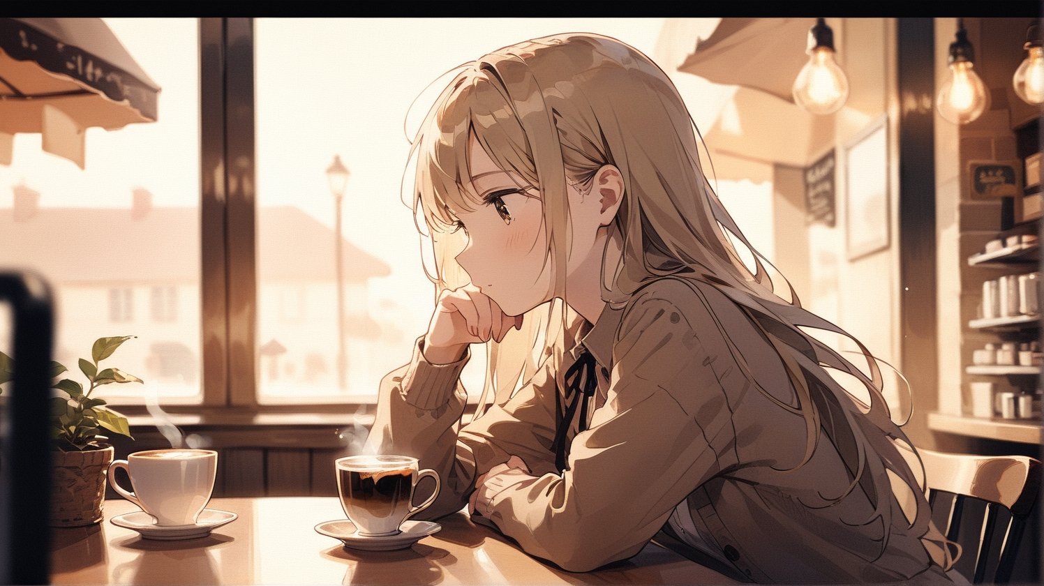 Girl in one third of the screen, 1girl in cafe, long_hair, cute, cup, drink coffee, masterpiece, best quality, aesthetic, depth of field, brown theme