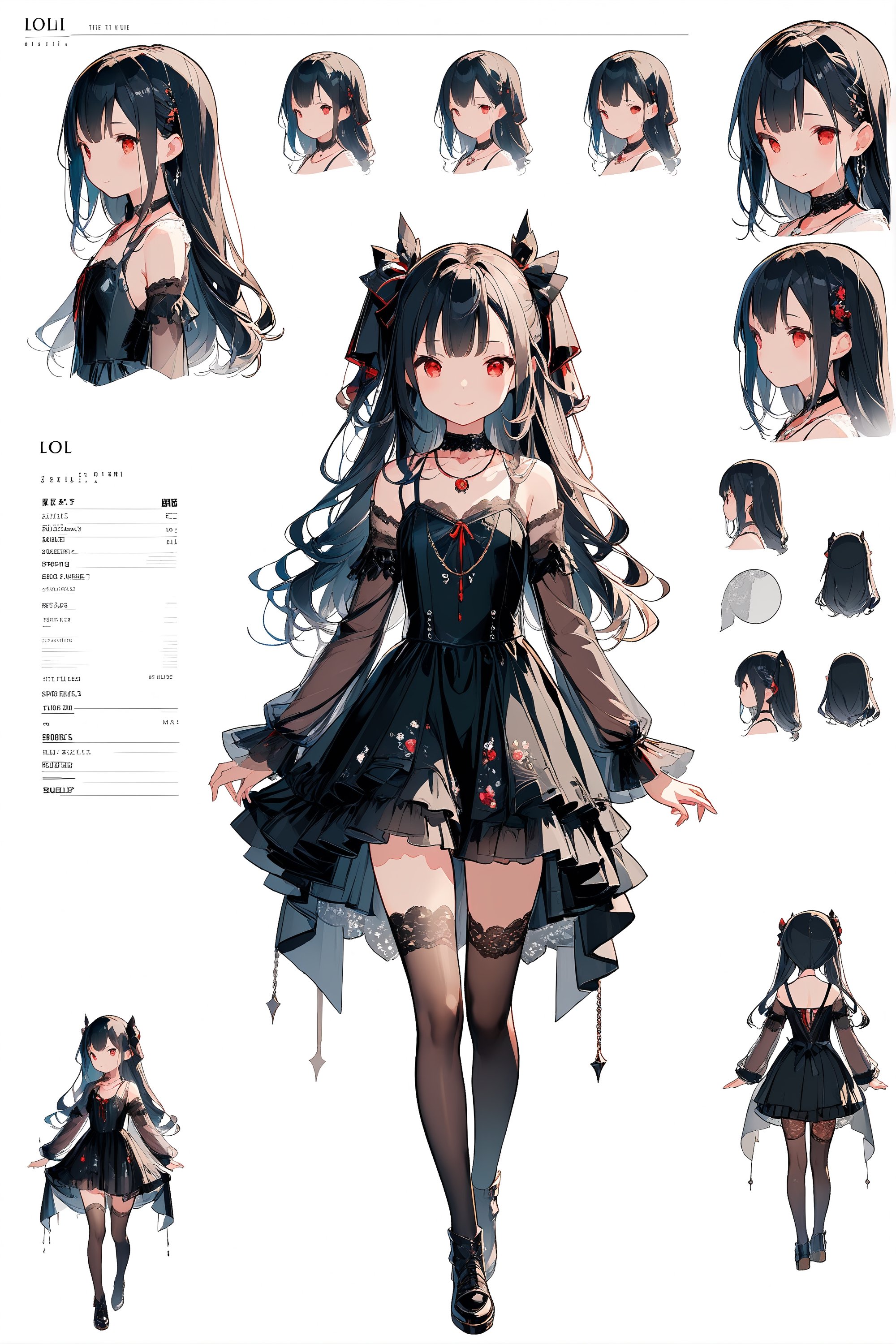 quality, masterpiece, detailed, best quality, three sided view, concept art, reference sheet, official art , full_body,1girl, (loli:1.3), long hair, (black hair, straight_hair, detailed eyes,red_eyes, necklace, (black dress:1.3), lace trim, smile, (multiple views of the same character (Front view)( Side view)( Isometric view)), emo, horror