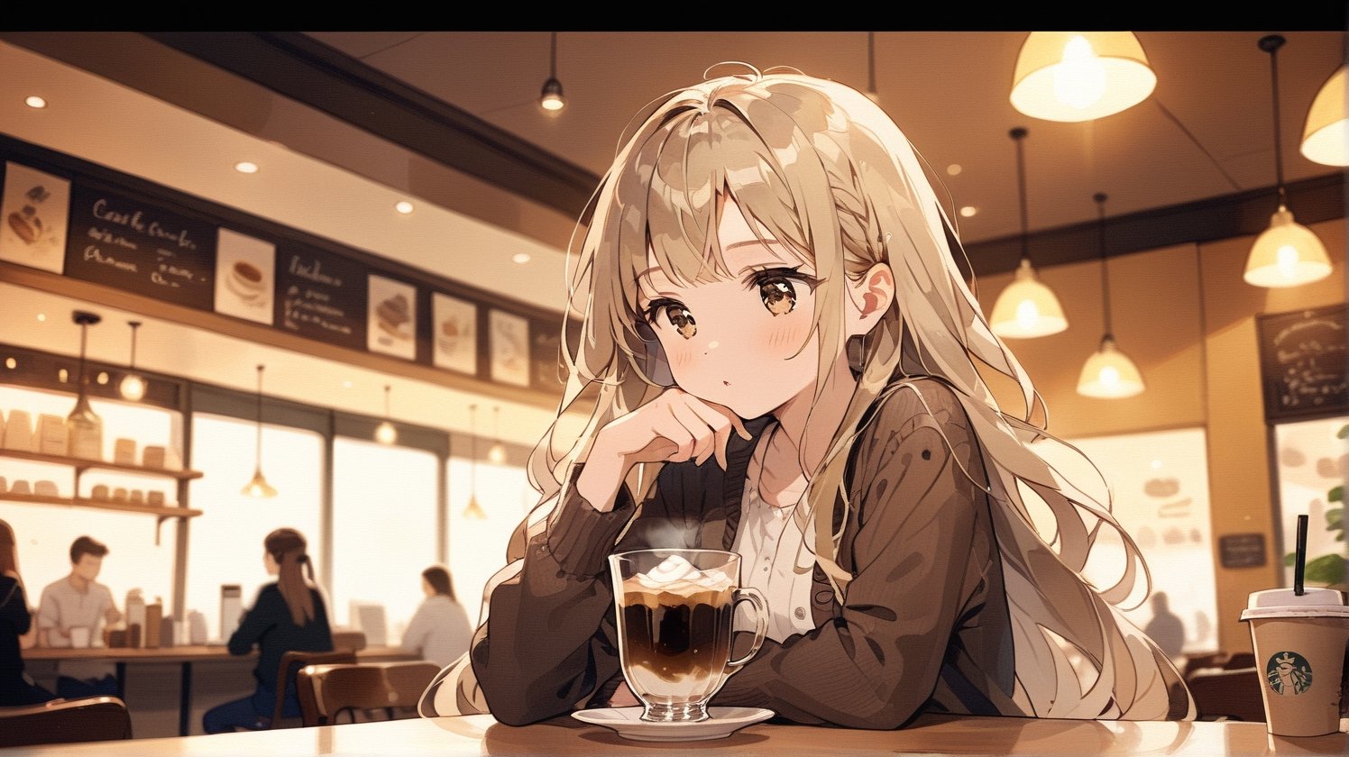 Girl in one third of the screen, 1girl in cafe, long_hair, cute, cup, drink coffee, masterpiece, best quality, aesthetic, depth of field, brown theme