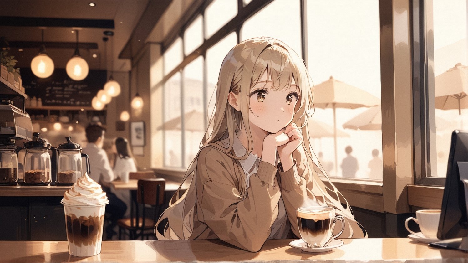 Girl in one third of the screen, 1girl in cafe, long_hair, cute, cup, drink coffee, masterpiece, best quality, aesthetic, depth of field, brown theme