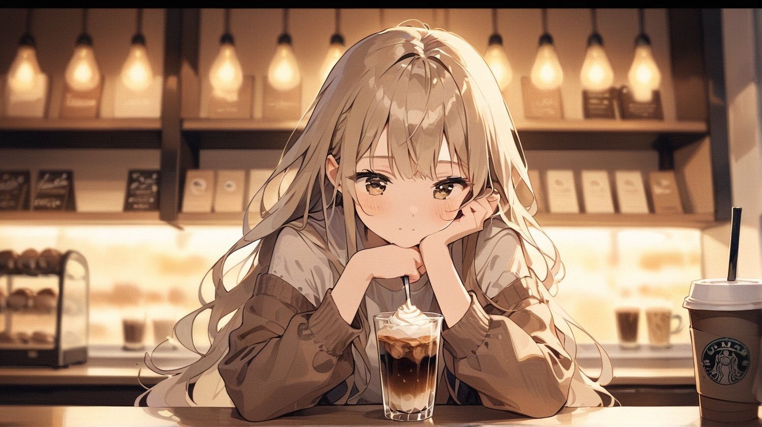 Girl in one third of the screen, 1girl in cafe, long_hair, cute, cup, drink coffee, masterpiece, best quality, aesthetic, depth of field, brown theme