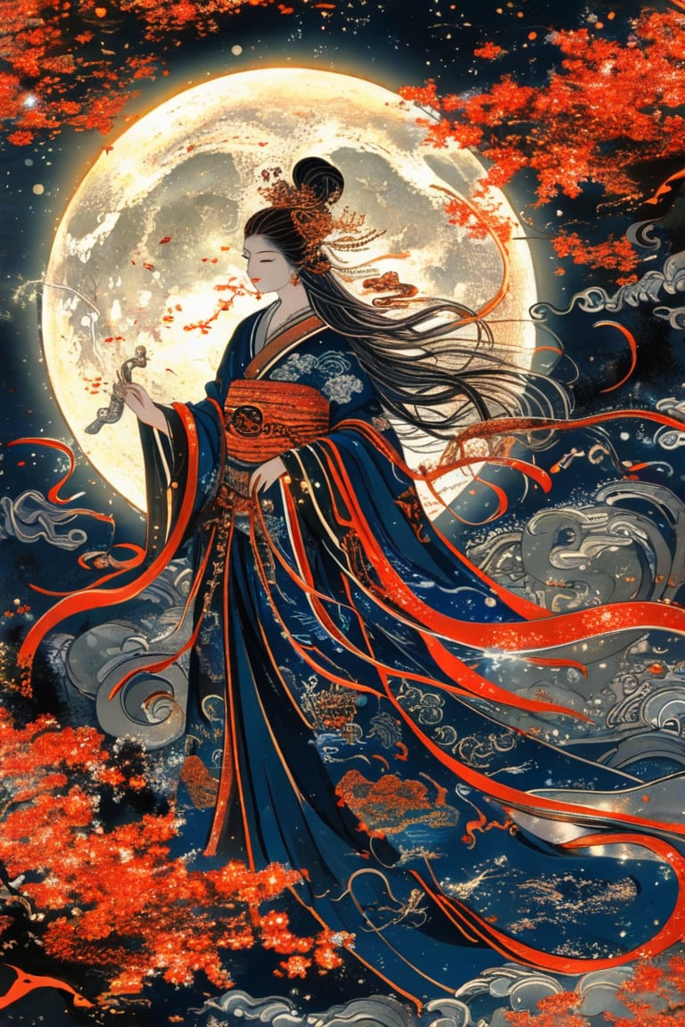 Masterpiece, beautiful and aesthetic, ultra detail,   tharot card, showing incarnation of moon, moon personification, human form of godness Tsukuyomi, Inspired by Japanese mythology.

