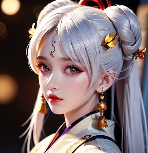(masterpiece, best quality, ultra-detailed, best shadow), photo realistic,(beautiful detailed face),1girl, buzhihuo, white hair, hair ornament,  dynamic angle, double bun,    ,不知火