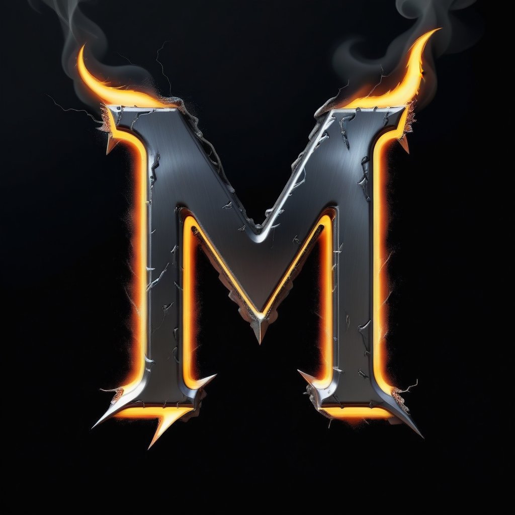 Imagine Portrait letter M logo, ninja font, crafted from melted steel, Combined with fire and lightning bolt
