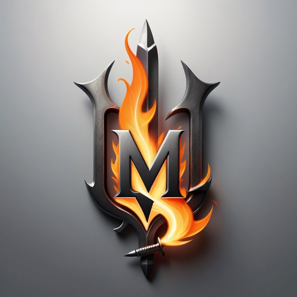 single Letter "M" made of steel logo, flame combined with electricity, vertical dagger cutting through it