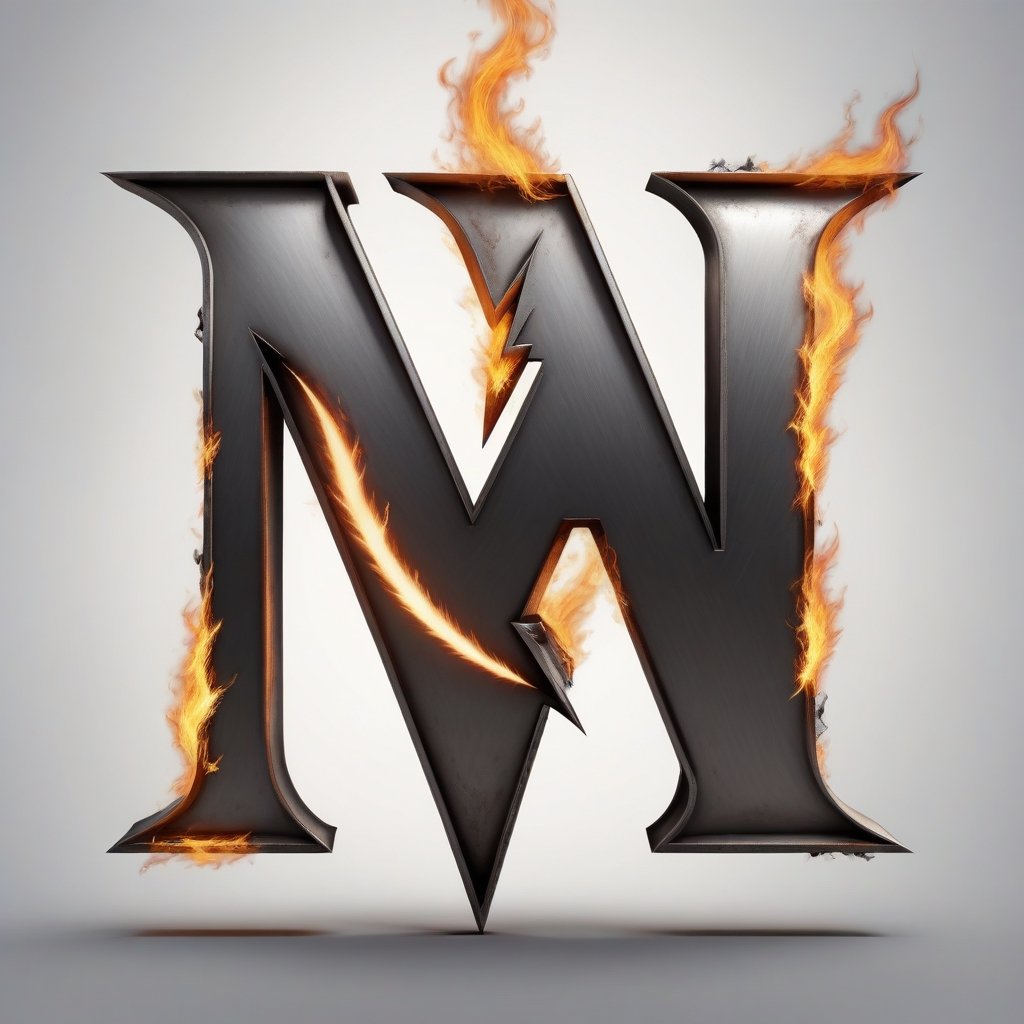 Imagine Portrait letter M logo crafted from steel, Combined with fire and lightning bolt
