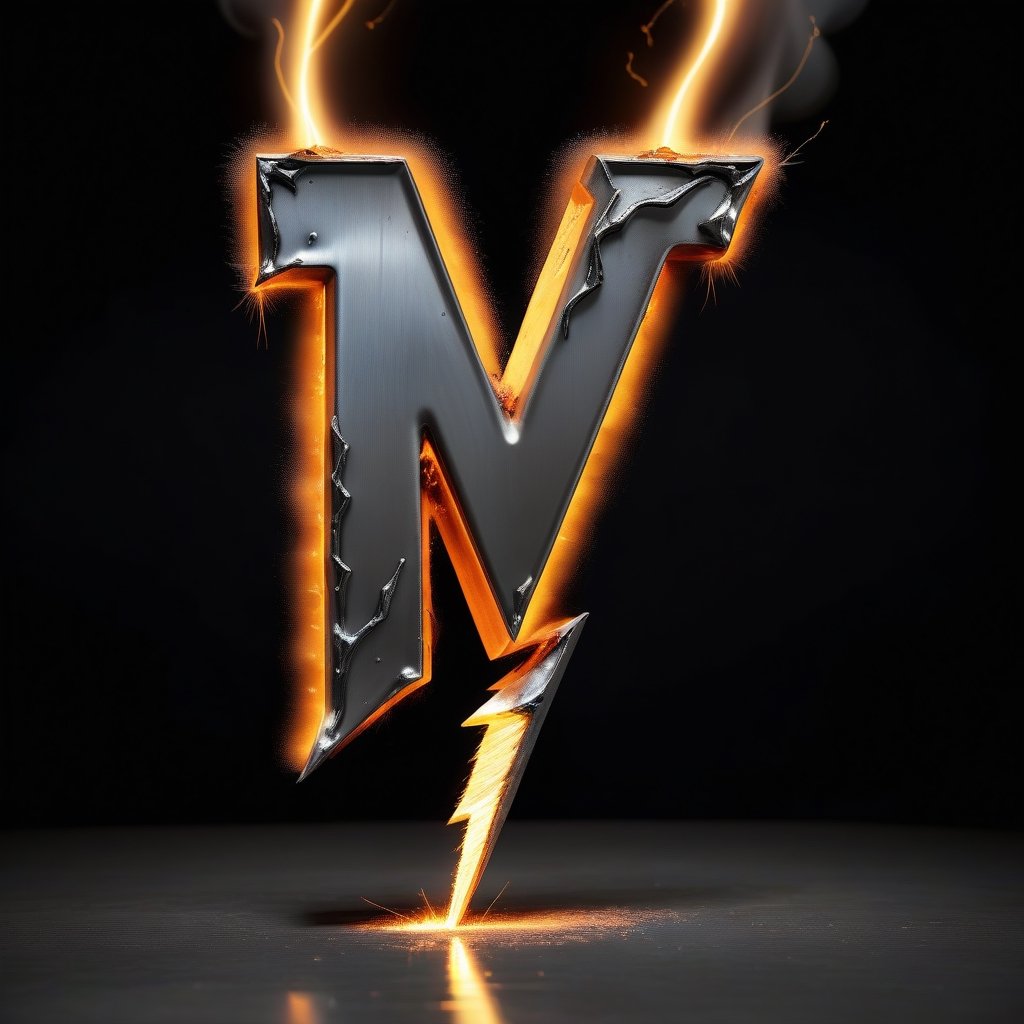 Imagine Portrait letter M logo crafted from melted steel, Combined with fire and lightning bolt
