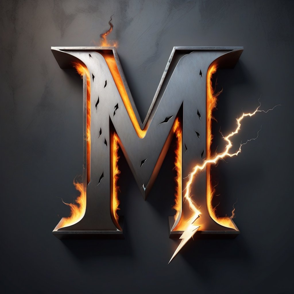 Imagine Portrait letter M logo crafted from steel, Combined with fire and lightning bolt
