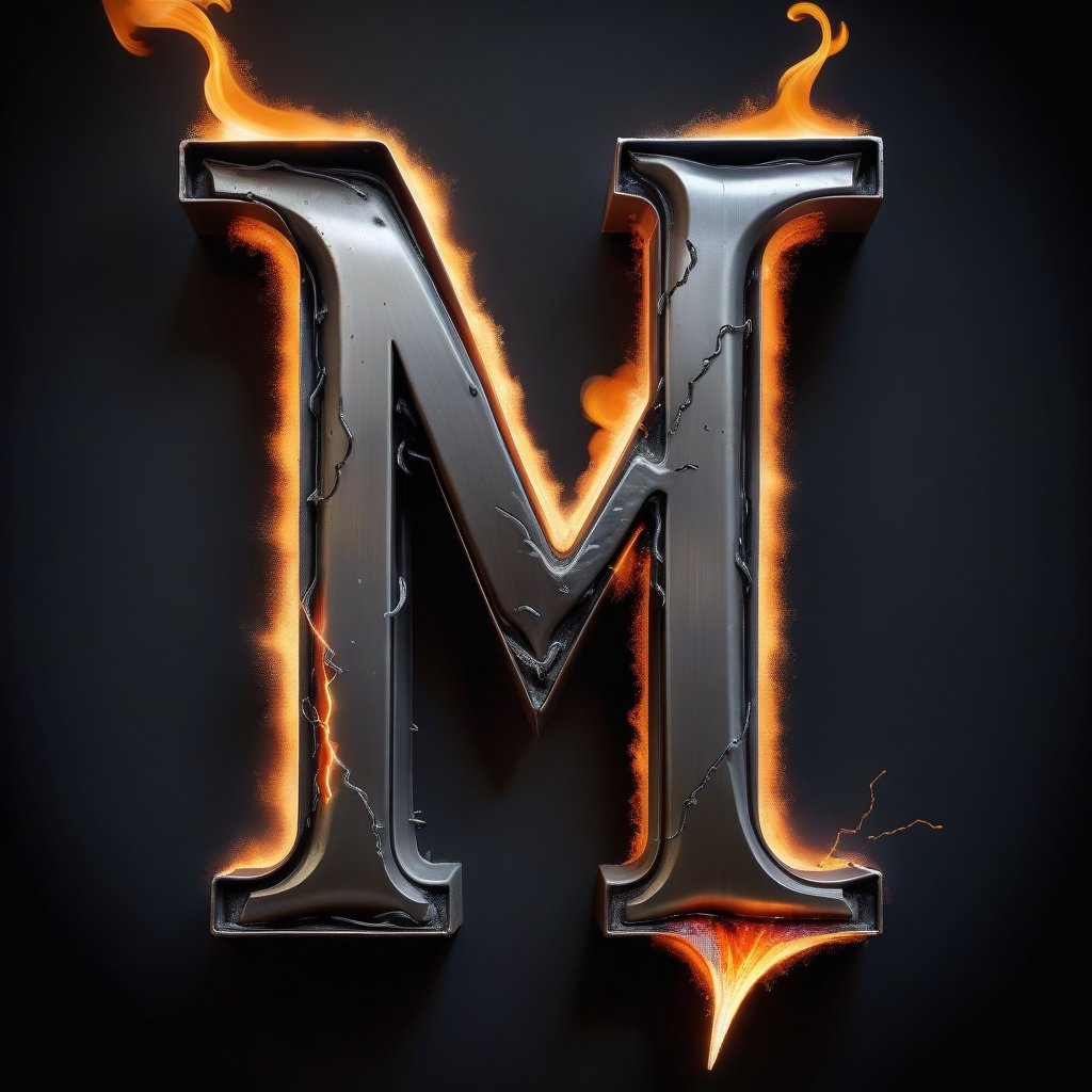 Imagine Portrait letter M logo crafted from melted steel, Combined with fire and lightning bolt
