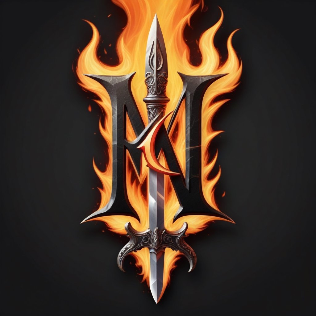 single Letter "M" logo flaming and dagger in the background