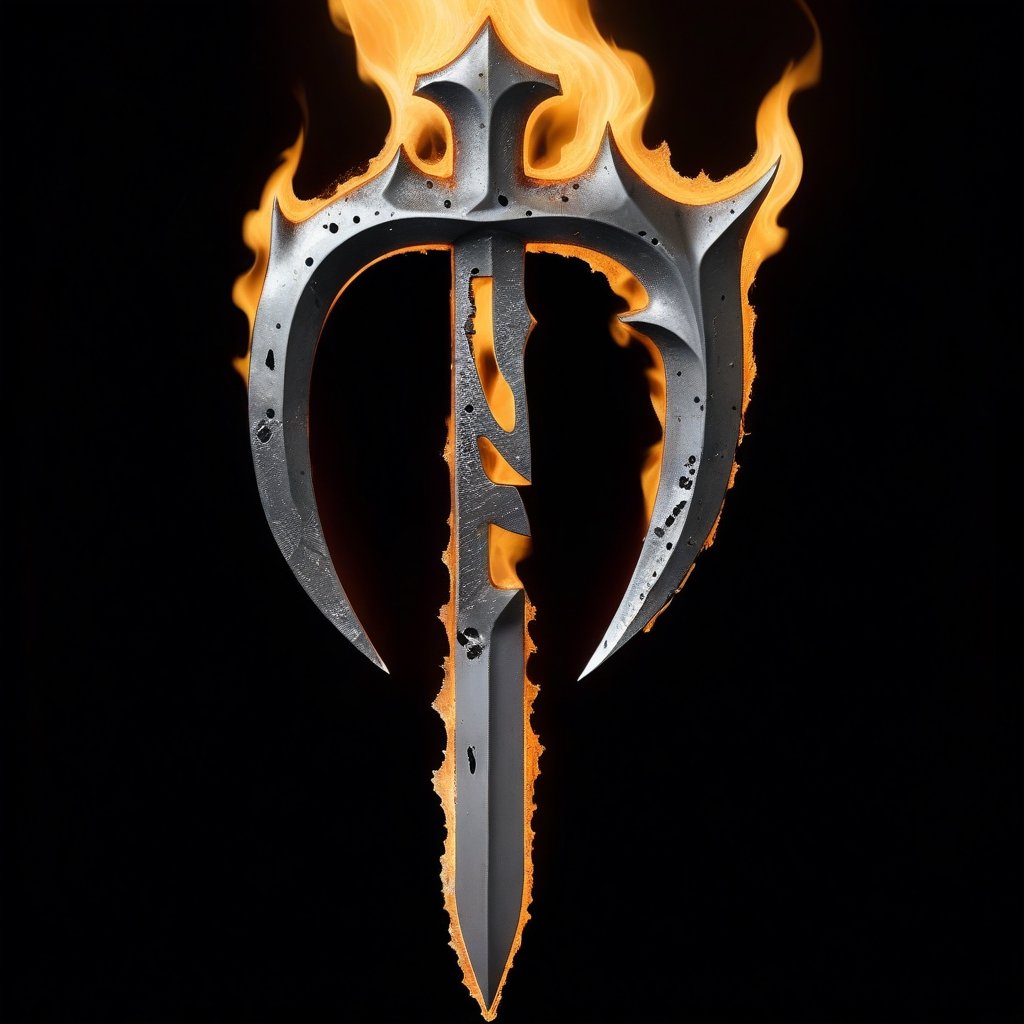 Portrait Logo of an "I" crafted from melted steel stabed with dagger  and emerged in fire