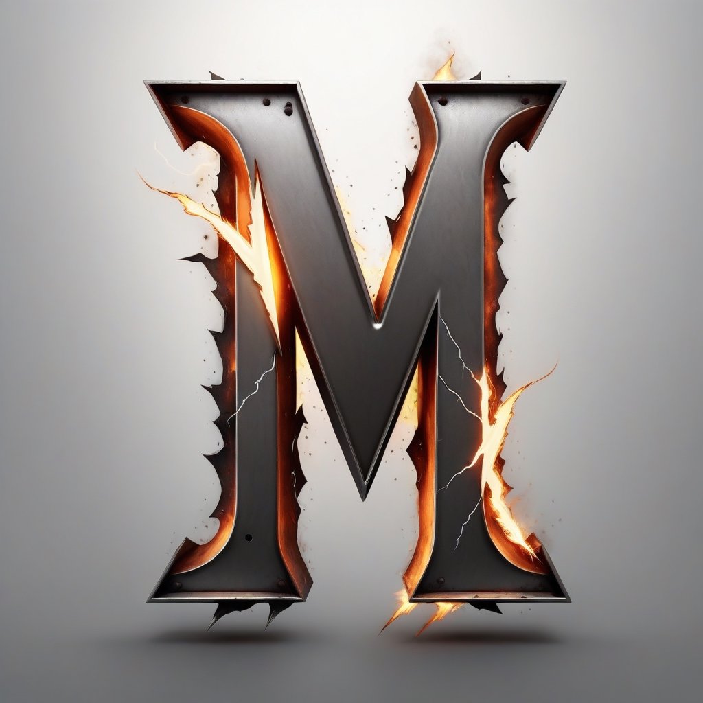 Imagine Portrait letter M logo crafted from steel, Combined with fire and lightning bolt. surpise me
