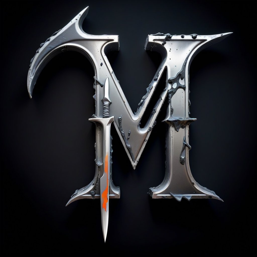 Portrait Logo of an "M" crafted from melted steel stabed with dagger