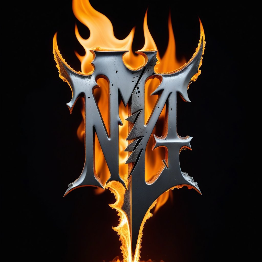 Portrait Logo of an "MZ" crafted from melted steel stabed with dagger  and emerged in fire