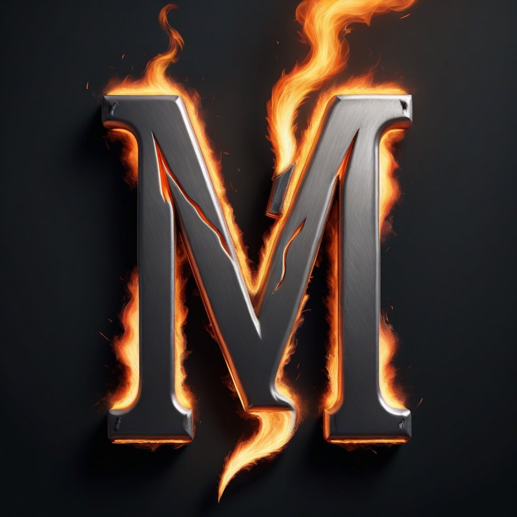 Imagine Portrait letter M logo crafted from steel merged with fire and electricity