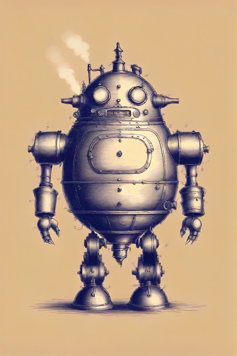 patent style drawing of steam very fat robot,in ink on an old paper,(steampunk:1.2),minimal vector,old fashioned,nostalgie