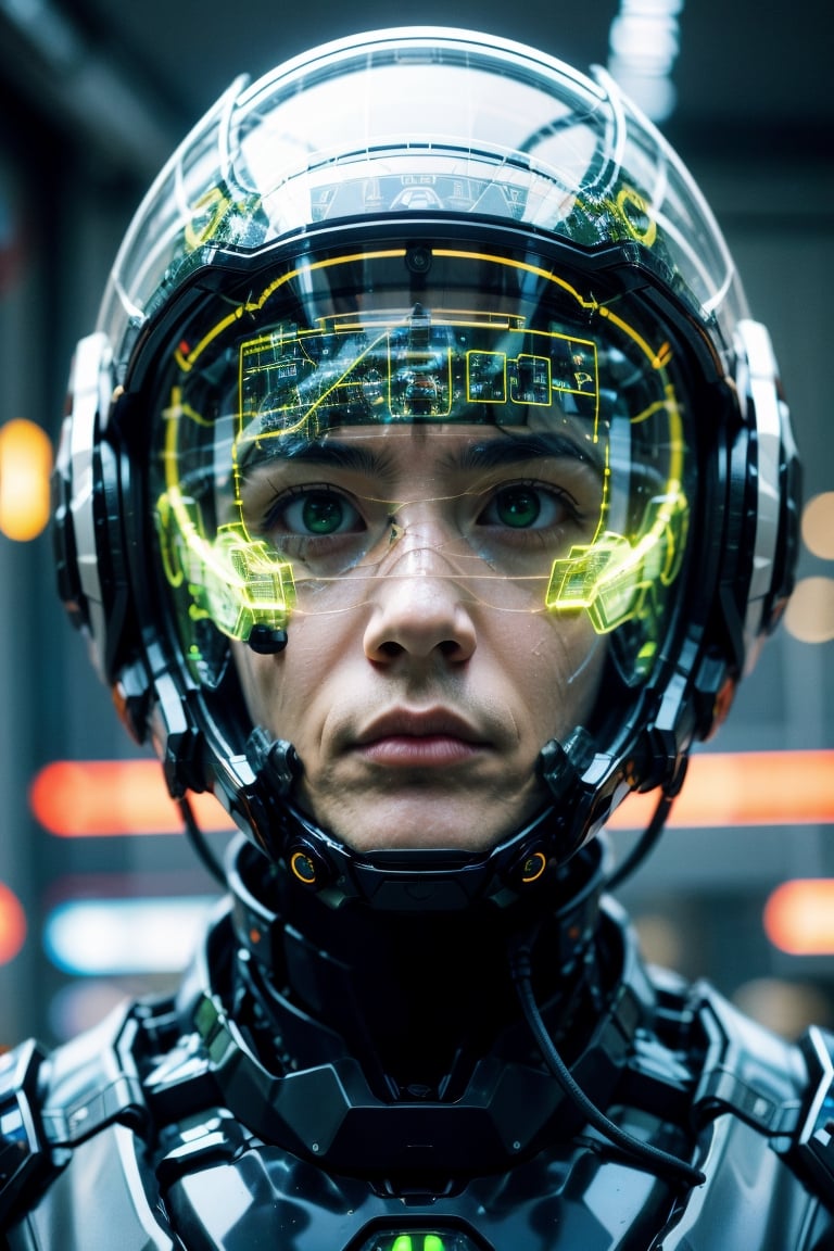 Portrait of a 30 years old man, solo, realistic, science fiction, helmet, cable, cyberpunk, lips, portrait, head-mounted display, blurry, robot, depth of field, blurry background, green eyes, screen, glowing, facing viewer, facial_expressions