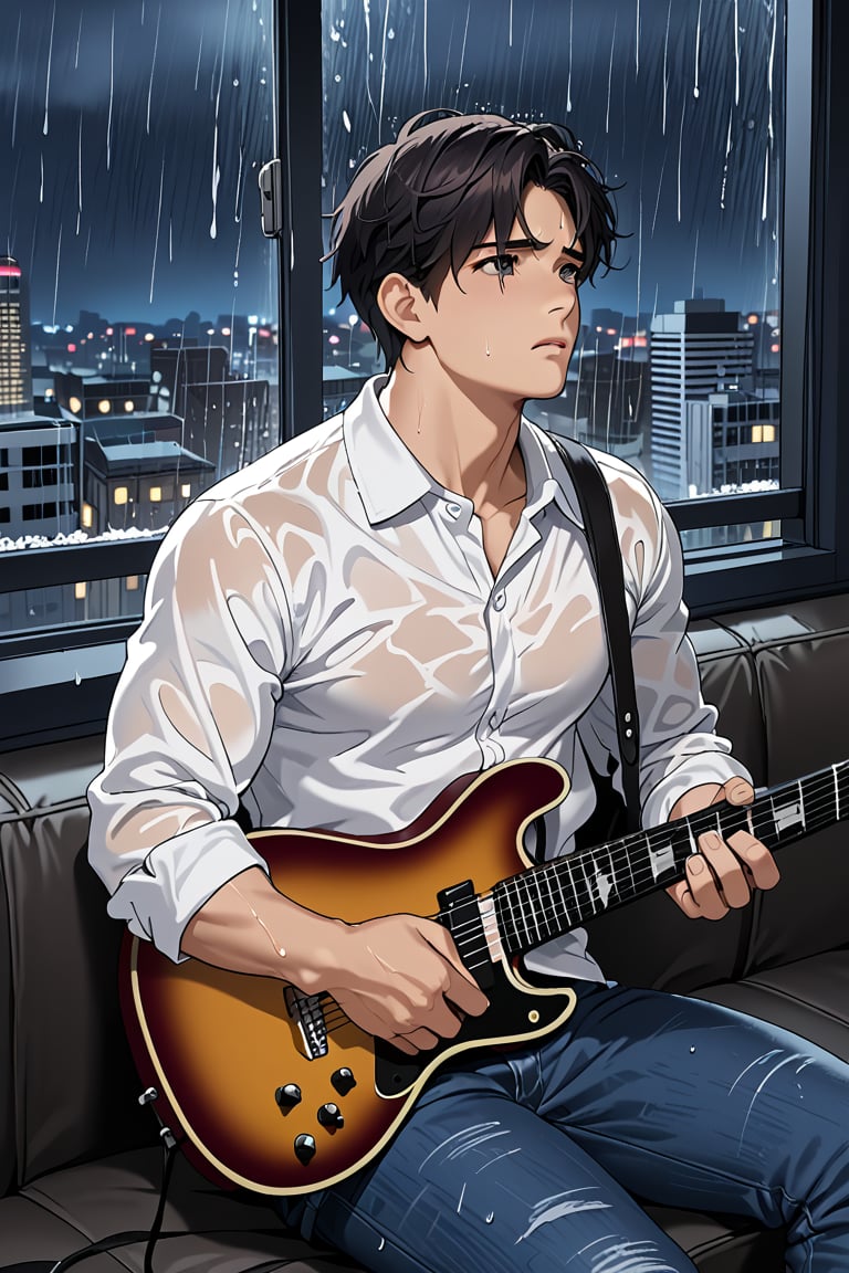 dark night, 1boy, solo, short dark hair, looking up, muscular fit body, white shirt, jeans, hands on a eletric guitar, sitting by the window, sad expression, city landscape, raining night