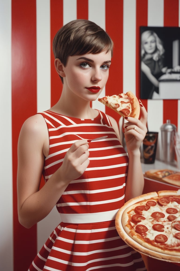 photography of a 20yo woman,short hair,  masterpiece, red_dress with white stripes, with slice of pizza in hand
,photorealistic,analog,realism