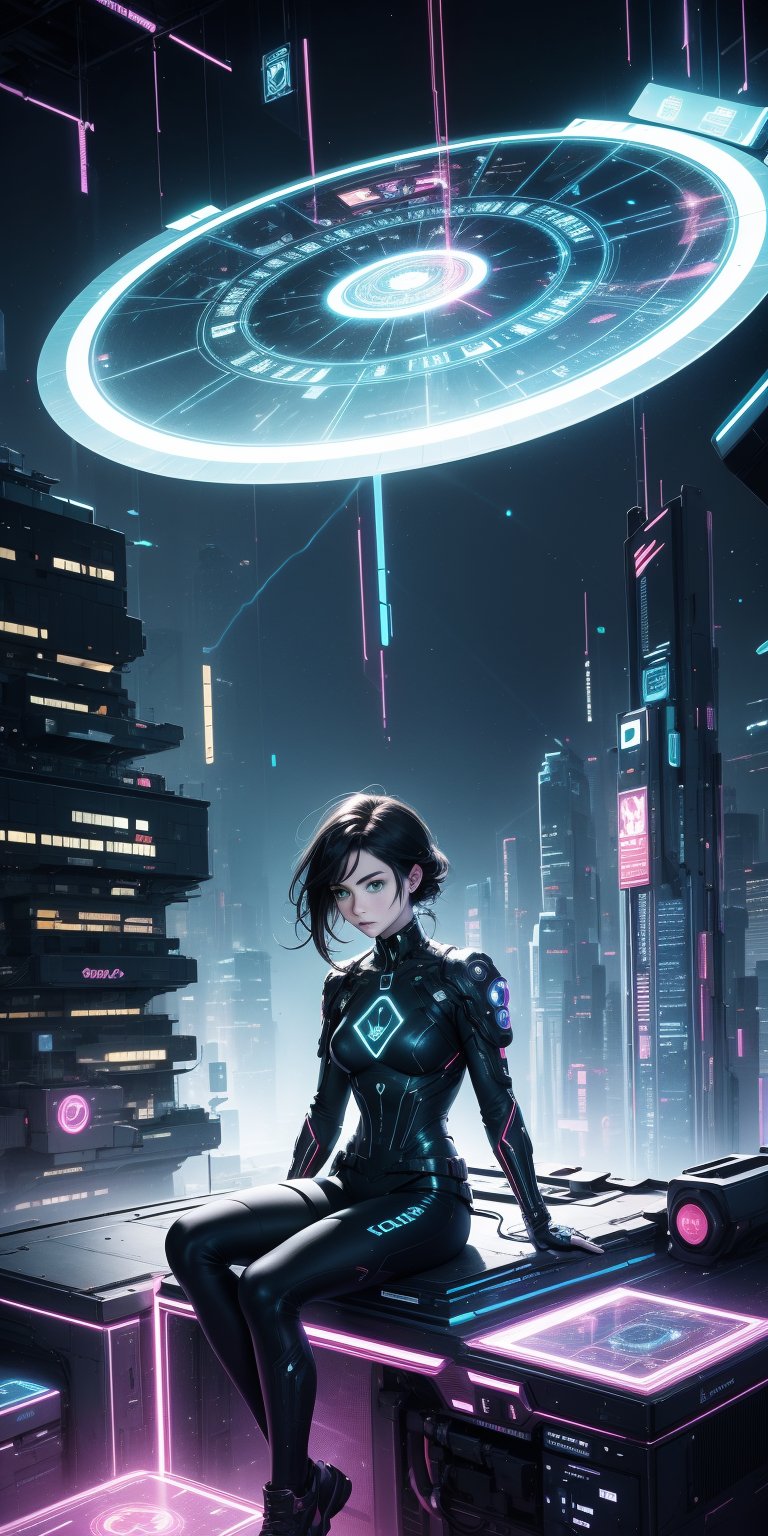 (masterpiece), 1girl, holographic interface, cyberpunk, hacker, medium black hair, green eyes, magic circle, hologram, terminal, holographic computer, light particles, light rays, futuristic setting, Sitting on the edge of a building, 
Her expression a mix of defiance and exhilaration. ,HologramCzar