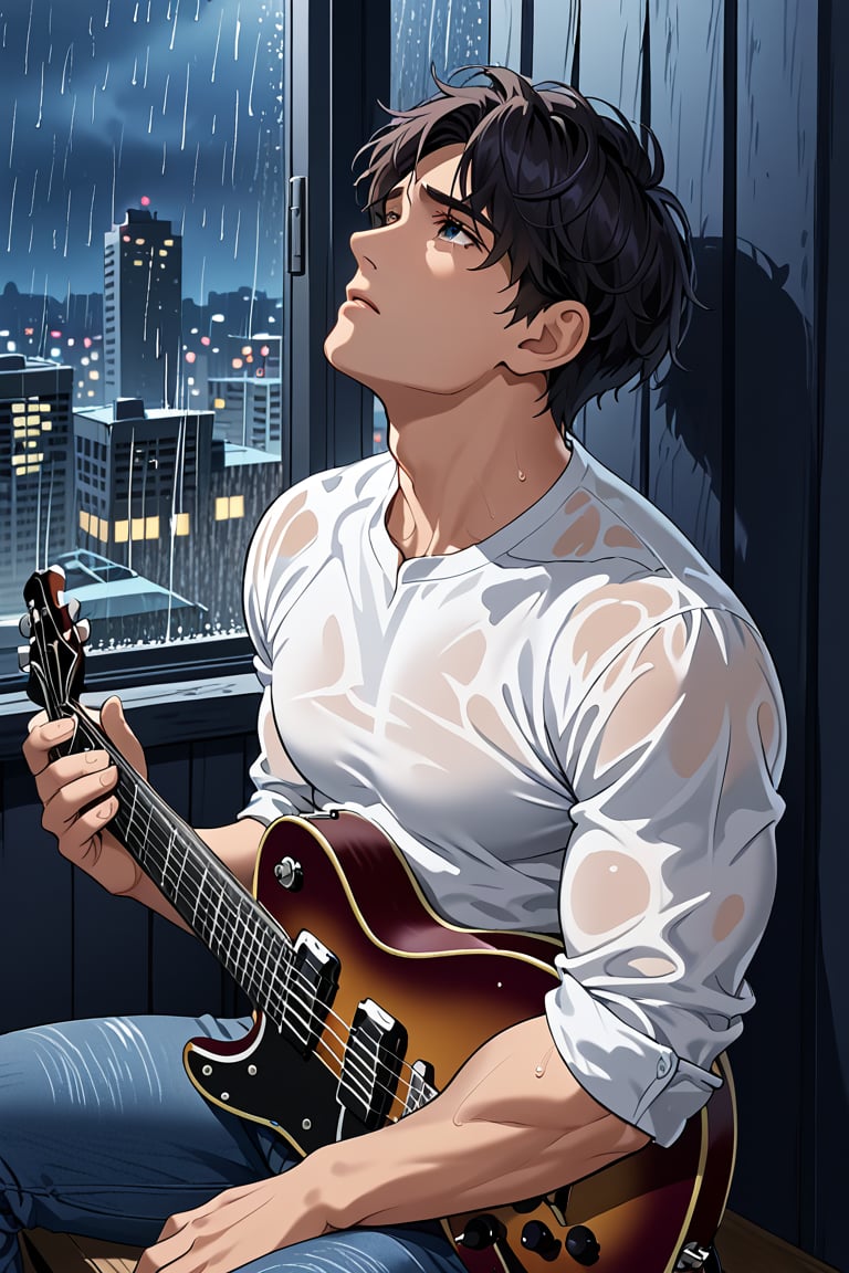 dark night, 1boy, solo, short dark hair, looking up, muscular fit body, white shirt, jeans, hands on a eletric guitar, sitting by the window, sad expression, city landscape, raining night