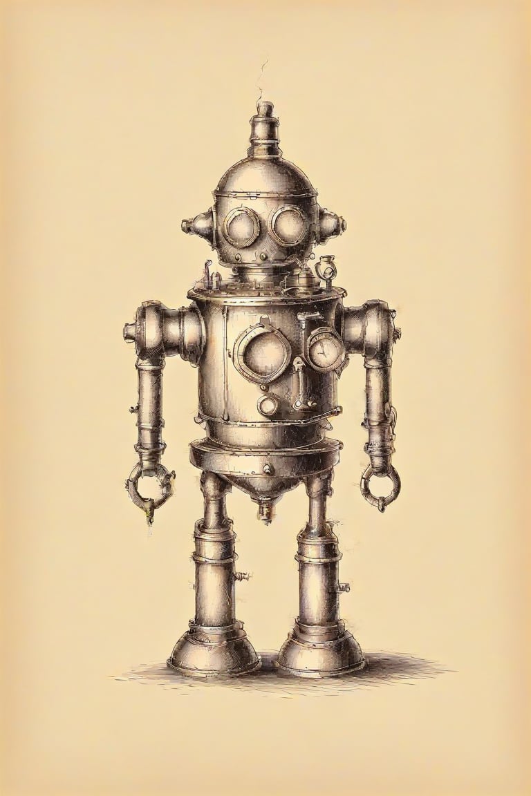 patent style drawing of steam robot,in ink on an old paper,(steampunk:1.2),minimal vector,old fashioned,nostalgie