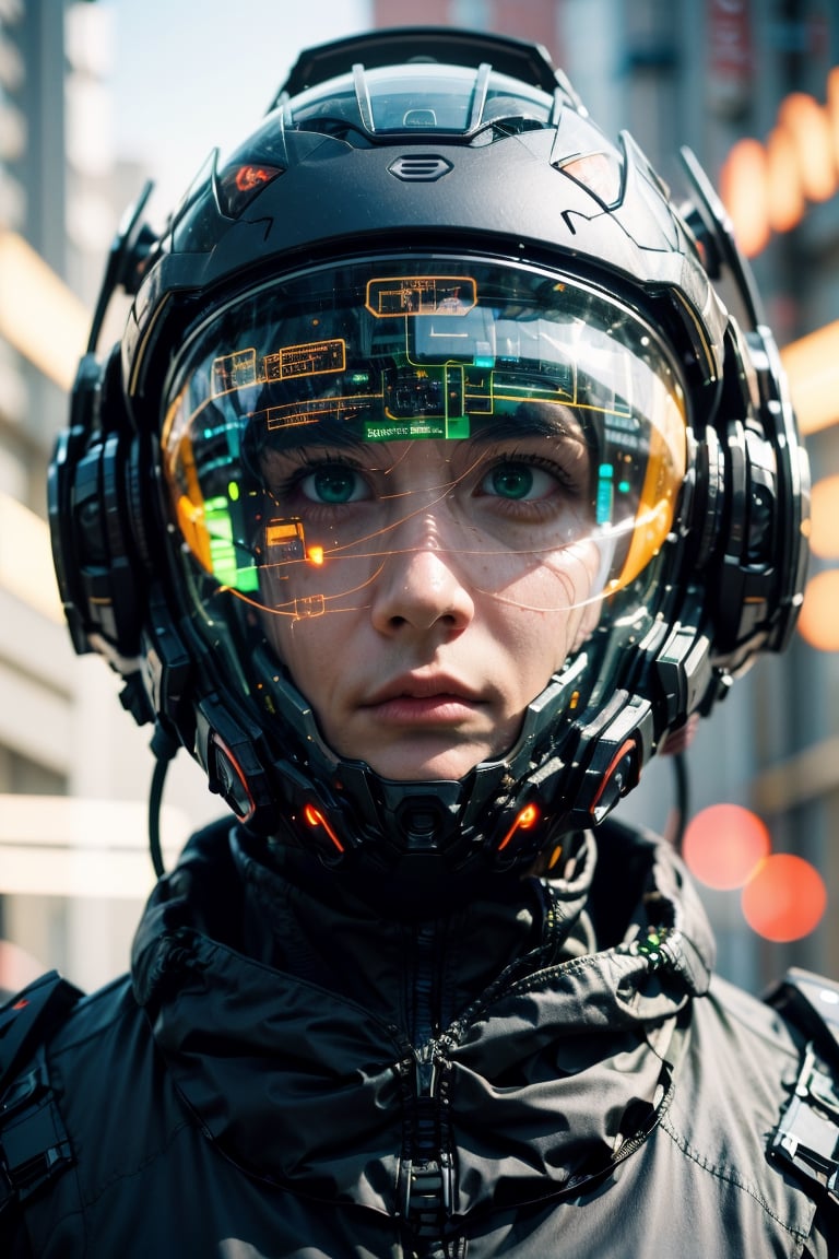 1boy, solo, realistic, science fiction, helmet, cable, cyberpunk, lips, portrait, head-mounted display, blurry, robot, depth of field, blurry background, green eyes, screen, glowing, facing viewer, facial_expressions