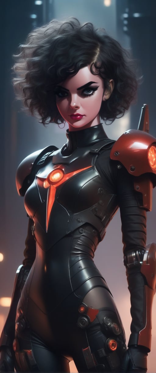 (by Loish, Leyendecker, james gilleard),  A full body shot of a young goth woman, short black curly hair, slightly smiling, one raised eyebrow, wearing a black metal cyborg suit , red lips, dark eye makeup, dark future battlefield background, ,heavy_jacket,Fire Angel Mecha