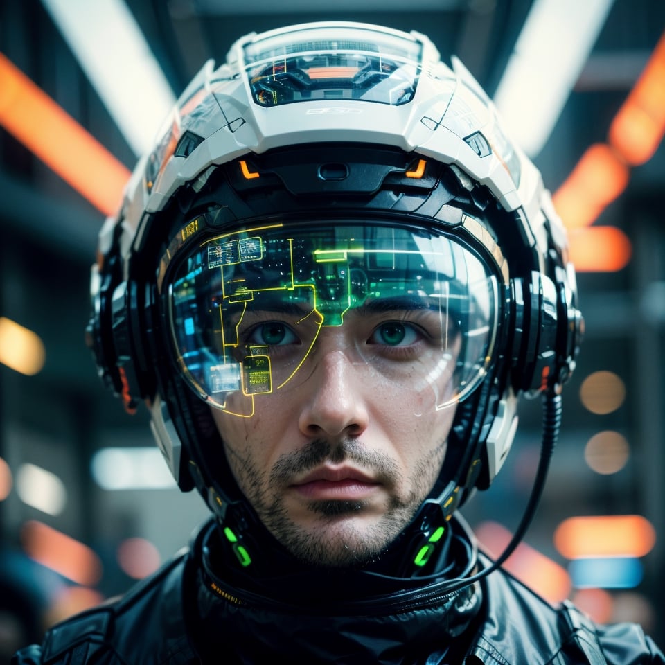 Portrait of a 30 years old man, solo, realistic, science fiction, helmet, cable, cyberpunk, lips, portrait, head-mounted display, blurry, robot, depth of field, blurry background, green eyes, screen, glowing, facing viewer, facial_expressions