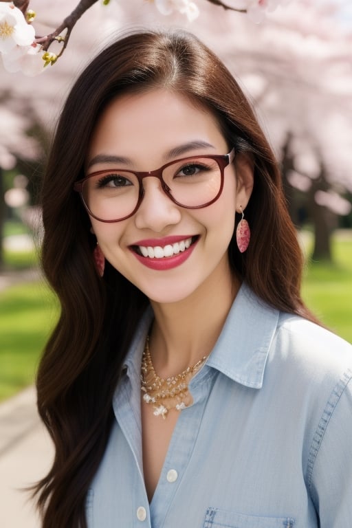 1girl, solo, long hair, looking at viewer, smile, brown hair, shirt, brown eyes, jewelry, earrings, outdoors, parted lips, glasses, teeth, lips, cherry blossoms, portrait, realistic, nose, branch