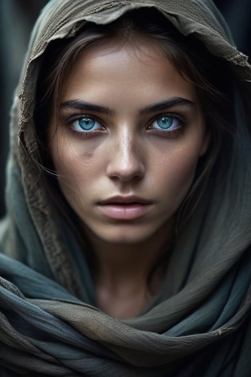 A woman in a post-apocalyptic world with striking (with otherworldly detail and luminosity), captivating, vibrant eyes, only her eyes and part of her nose are visible through the gap in the cloth that covers her face.The image is richly detailed, setting off the vivid detail and bioluminescent luminosity of her eyes, and raw emotions associated with conflict (tears), which are the central focus of the portrait. The overall mood is dark and intense, she is in a war torn country with the cloth torn and disheveled but still exhibits a deep contrast to her eyes adding a layer of mystery and survival  Her face has some marks from evading capture and hiding in destroyed buildings. A Soft lighting casts gentle highlights on her skin and the delicate textures of the cloth, while illuminating the emotion and detail in her eyes to enhance their captivating allure. The composition is intimate, emphasizing the contrast between the dark cloth and her luminous gaze