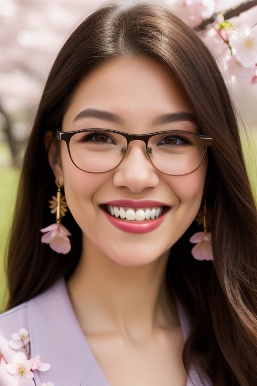 1girl, solo, long hair, looking at viewer, smile, brown hair, shirt, brown eyes, jewelry, earrings, outdoors, parted lips, glasses, teeth, lips, cherry blossoms, portrait, realistic, nose, branch