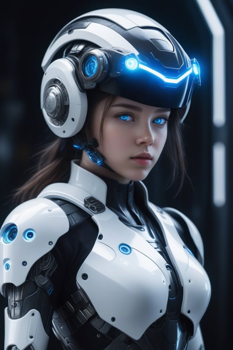 an ultra detailed, hiper realism, digital art, of a girl with blue glowing eyes in an elegant white and black cyborg armor with mechanic parts and futuristic helmet with big holographic visor, sci-fi armor, super detailed armor, carbon textures, by Liam Wong, ghost in the shell, deus ex, full body shot, action pose, ultra sharp focus, award winning photography, perfect contrast, high sharpness, depth of field, ultra detailed photography, global illumination, smooth, ultra high definition, 8k, unreal engine 5, ultra sharp focus, award winning photography, trending on artstation