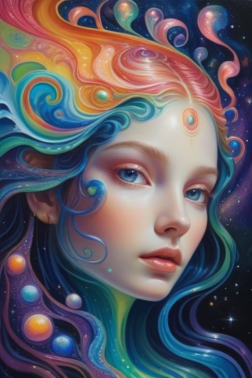 A mesmerizingly intricate Slime girl, each feature meticulously crafted with vibrant colors and surreal details: shimmering tendrils of slime flowing like liquid silk, iridescent patterns swirling across her skin, and eyes that seem to hold galaxies within. This breathtaking masterpiece of surrealism is a painting that exudes a sense of otherworldly beauty and meticulous attention to detail, captivating viewers with its high quality execution and dreamlike allure.