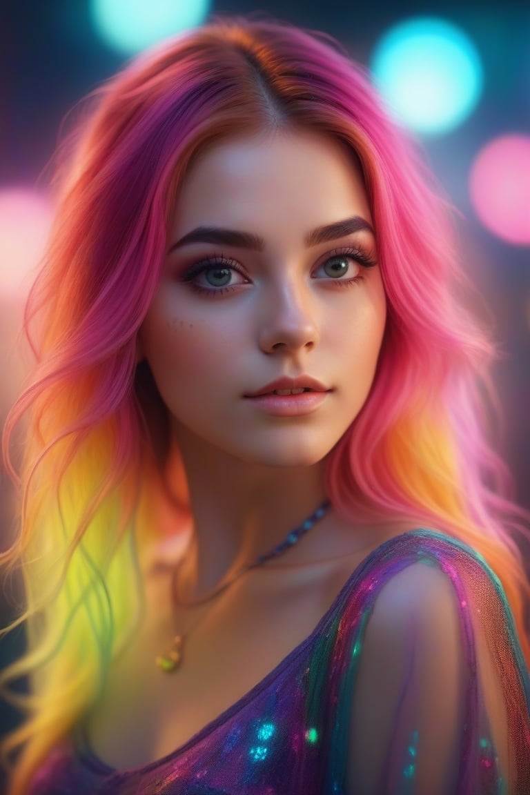 An ultra detailed, realistic, digital art, portrait of a cute girl with long multicolored hair and bold makeup in a short top with long sleeves, background is fog and neon, she looks at the camera over her shoulder. Bokeh, neon lights, happy accidents, exquisite detail, 30 megapixels, 4k, CanonEOS 5D Mark IV DSLR, 85mm lens, sharp focus, intricate detail, long exposure, f/2, ISO 100, shutter speed 1/125, diffuse backlighting, award-winning photograph, facing camera, looking into camera, monovision, perfect contrast, high sharpness, face symmetry, depth of field, ultra-detailed photography, raytracing, global illumination, TanvirTamim, smooth, ultra high definition, 8k, unreal engine 5, ultra sharp focus, award-winning photography, trending on art-station