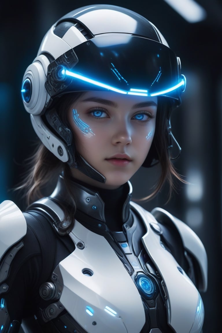 an ultra detailed, hiper realism, digital art, of a girl with blue glowing eyes in an elegant white and black cyborg armor with mechanic parts and futuristic helmet with big holographic visor, sci-fi armor, super detailed armor, carbon textures, by Liam Wong, ghost in the shell, deus ex, full body shot, action pose, ultra sharp focus, award winning photography, perfect contrast, high sharpness, depth of field, ultra detailed photography, global illumination, smooth, ultra high definition, 8k, unreal engine 5, ultra sharp focus, award winning photography, trending on artstation