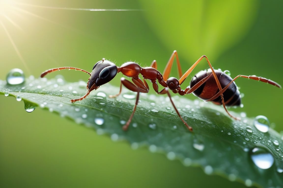 a ultradetailed beautiful, perfect, hyper realistic, digital art, a ant drinking water from dew drop on leaf, solar, sunlight, artstation, exquisite detail, Canon EOS 450D, 50mm lens, f/9, ISO 400, shutter speed 1/125, award winning photograph, perfect contrast, ultra-detailed photography, raytraced, global illumination, ultra high definition, 8k, unreal engine 5, award-winning photograph, trending on artstation